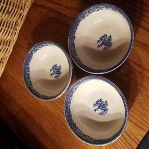 Set of 3 Blue & White Buffalo China Bowls